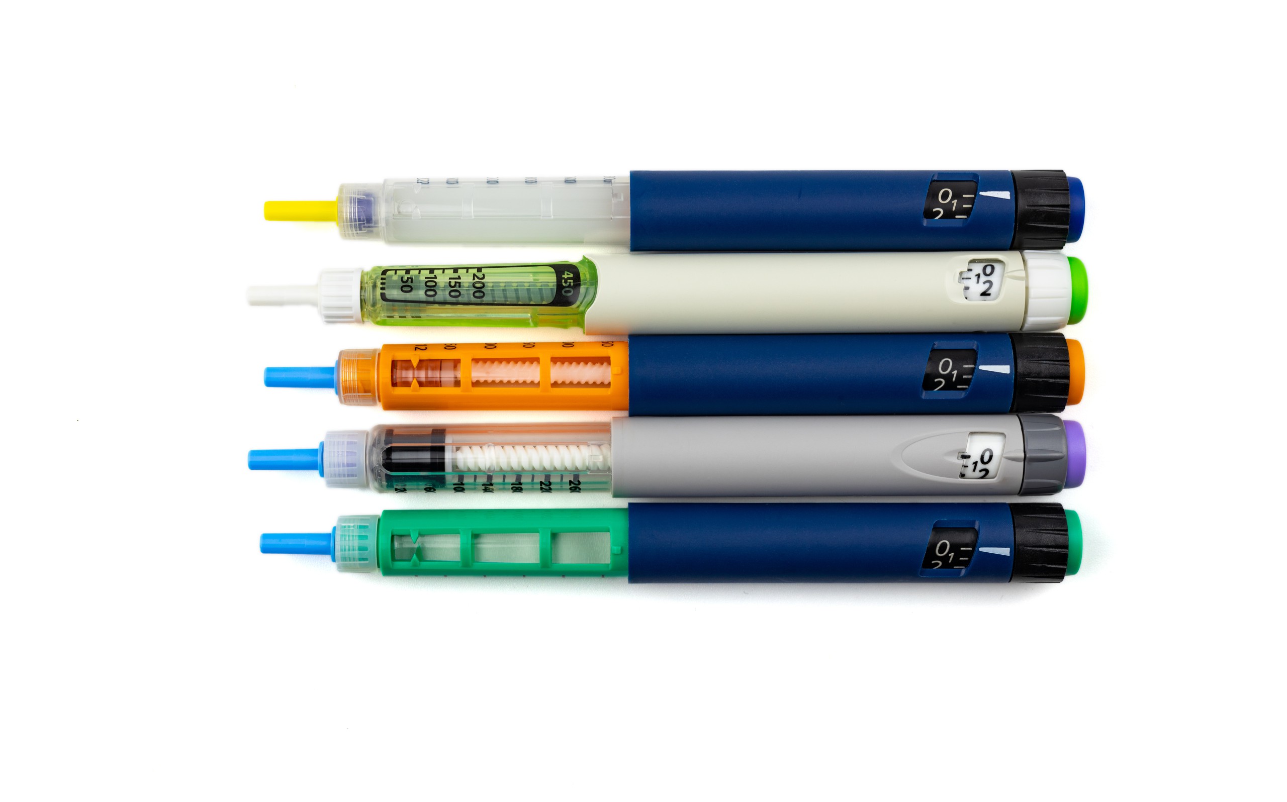 Insulin injector pens for hormonal therapy of diabetic patients, such as those pictured here, can now be made using Techmer PM’s HiFill® HC healthcare color compounds. Credit: richir/Shutterstock.com